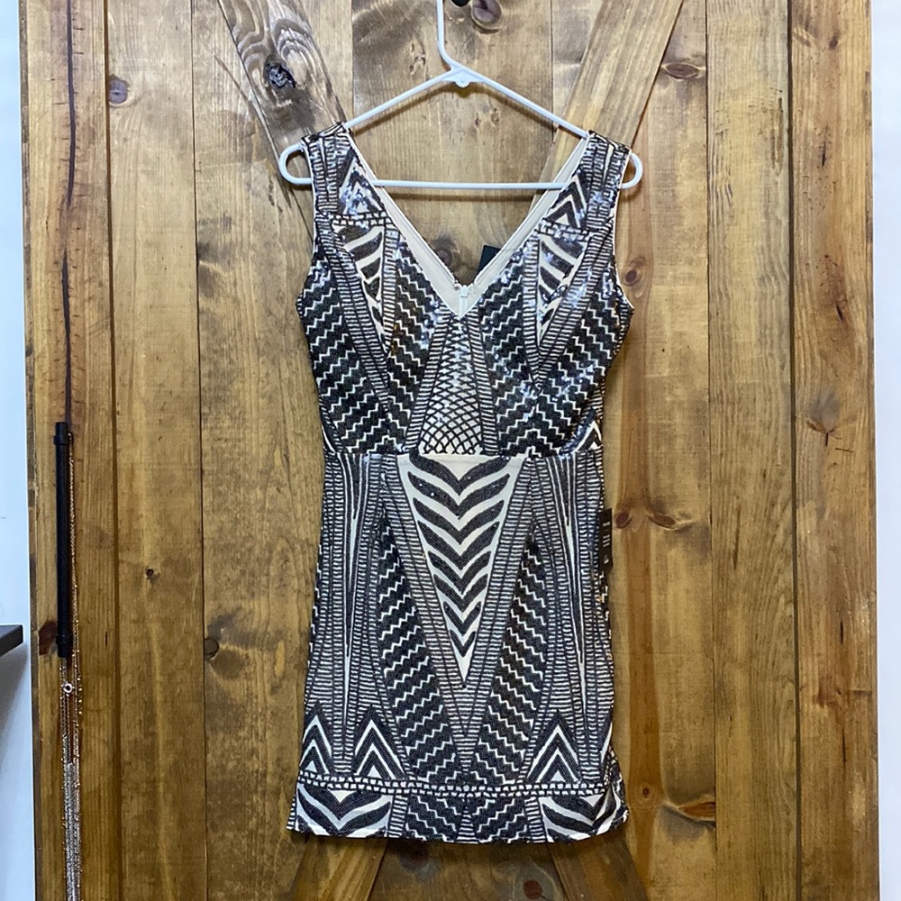 Lulus Party Like Me Black and Light Nude Sequin Bodycon Mini Dress